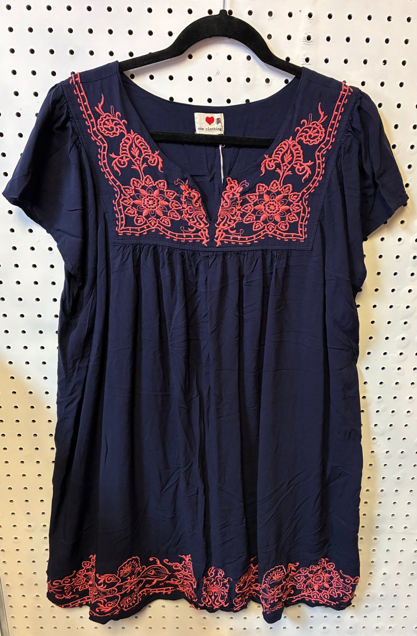 Navy Blue "One Clothing" Brand Boho Dress with Coral Embroidery Women Size 3XL