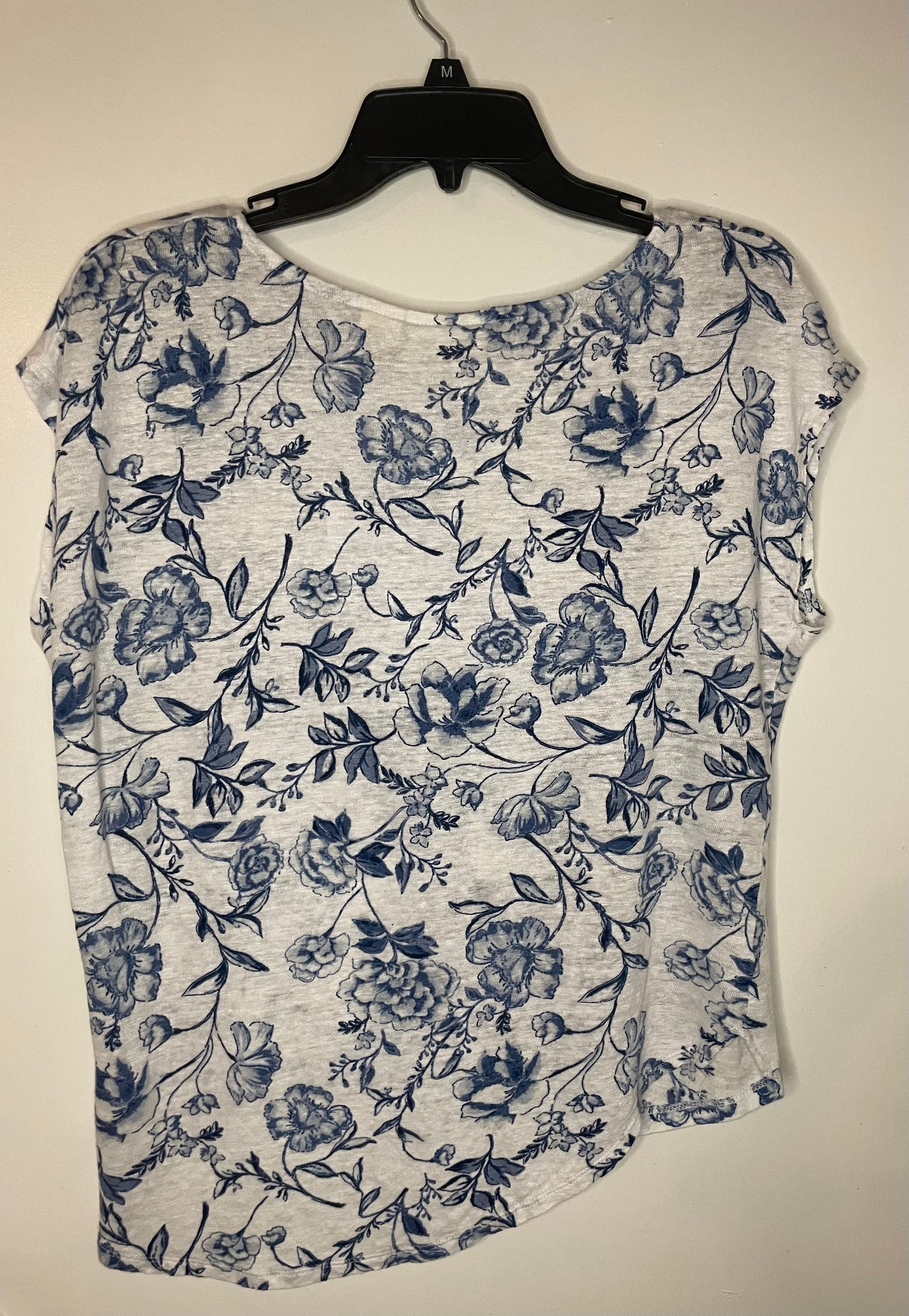 Womens Cynthia Rowley Linen Cap Sleeve Floral Tee Shirt White Blue Size Medium 8/10~Great Condition