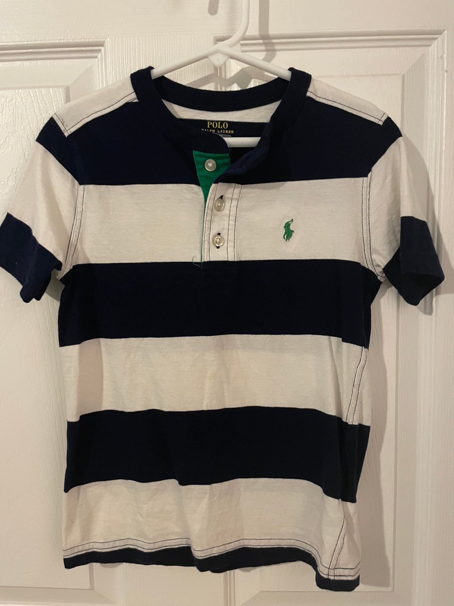 POLO Ralph Lauren Boys Striped T-shirt – Size 6 – White & Green – Button Pony