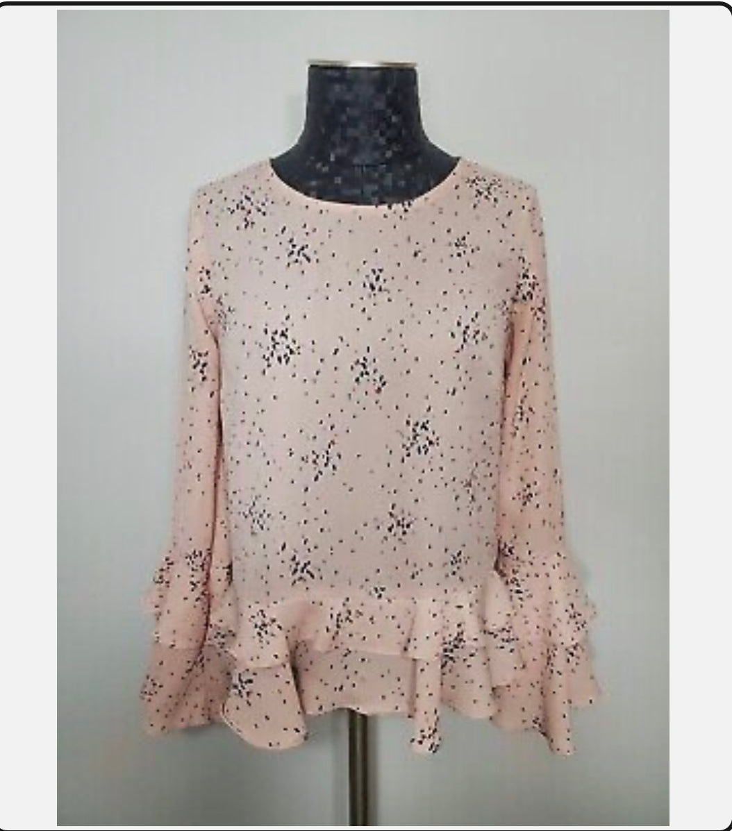a.n.a Size Small Pale Pink Abstract Print Long Bell Sleeve Top with Ruffles~Women’s Size Large 12/14~ Great Condition
