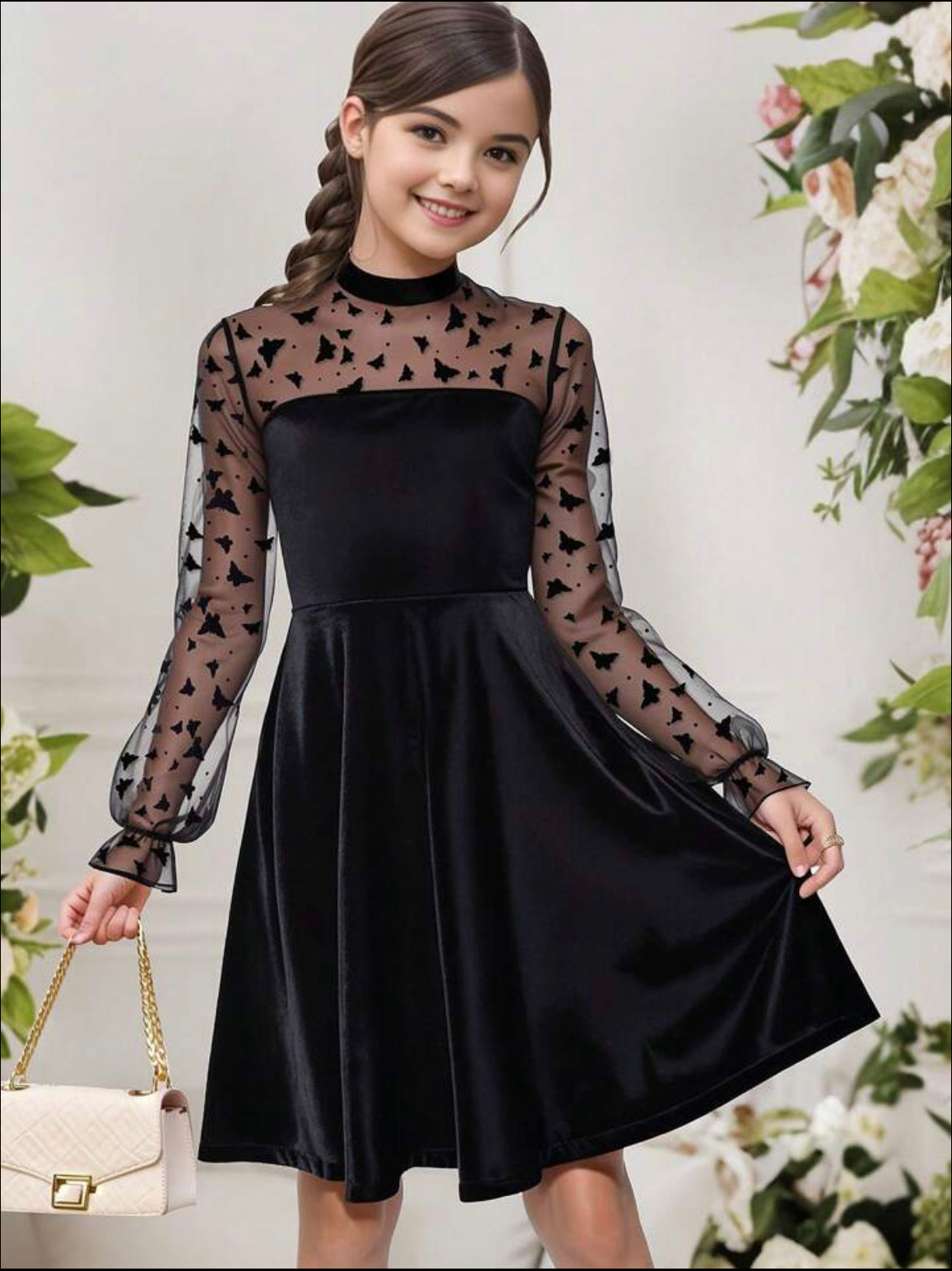 Tween Girl Butterfly Mesh & Velvet Patchwork Party Dress Size 12