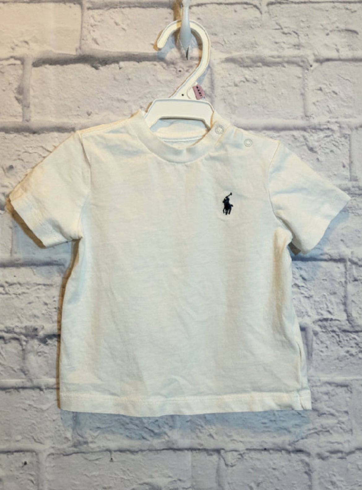 Polo Ralph Lauren baby boys' short-sleeve cotton jersey t-shirt in white with a navy blue embroidered pony, size 6 months-