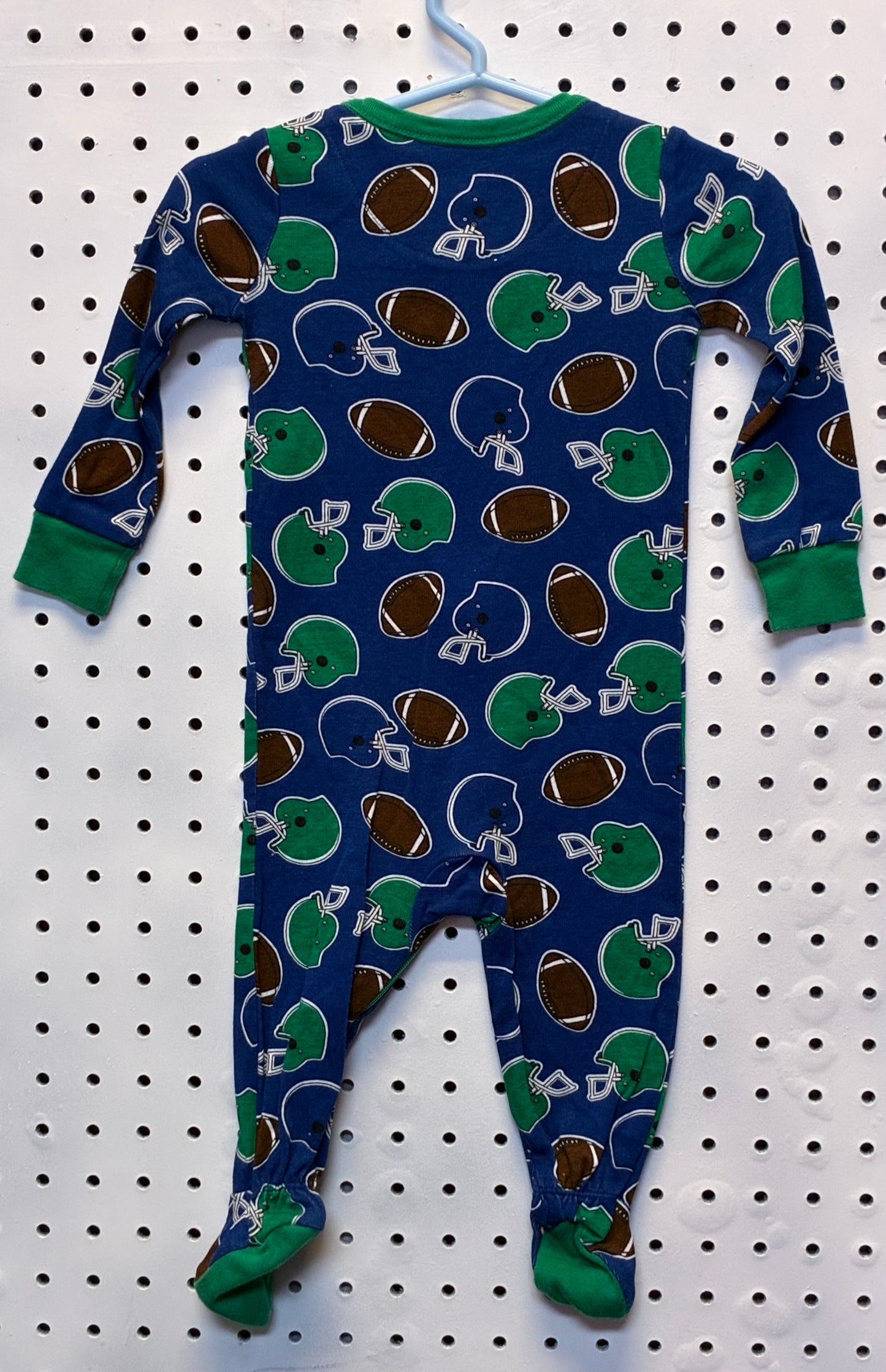 Carter's or The Children's Place boys' blue and green football-themed fleece footed pajama sleeper Size 3-6M
