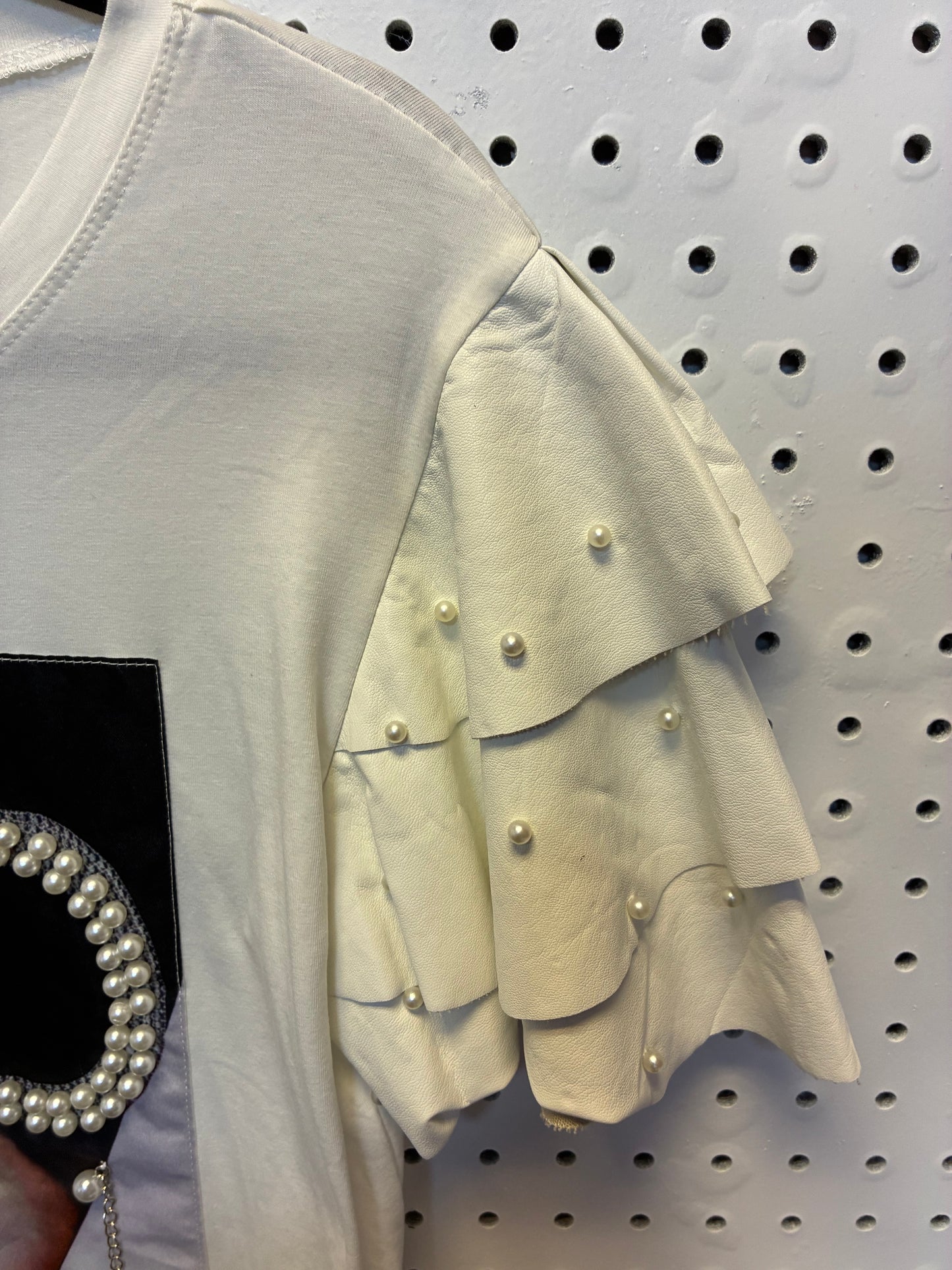 WHY-white t-shirt with a graphic print and pearl embellishments- Women Size Large