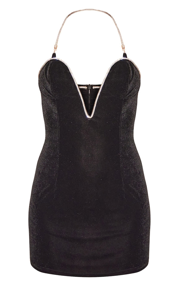 Pretty Little Thing BLACK DIAMANTE VELVET BUST DETAIL PLUNGE BODYCON DRESS- SIZE LARGE