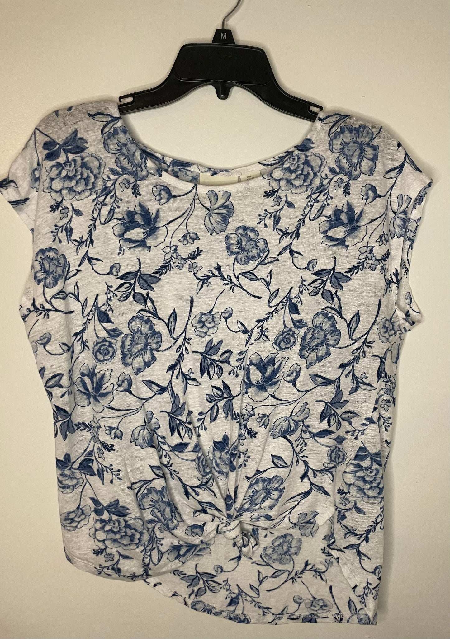 Womens Cynthia Rowley Linen Cap Sleeve Floral Tee Shirt White Blue Size Medium 8/10~Great Condition