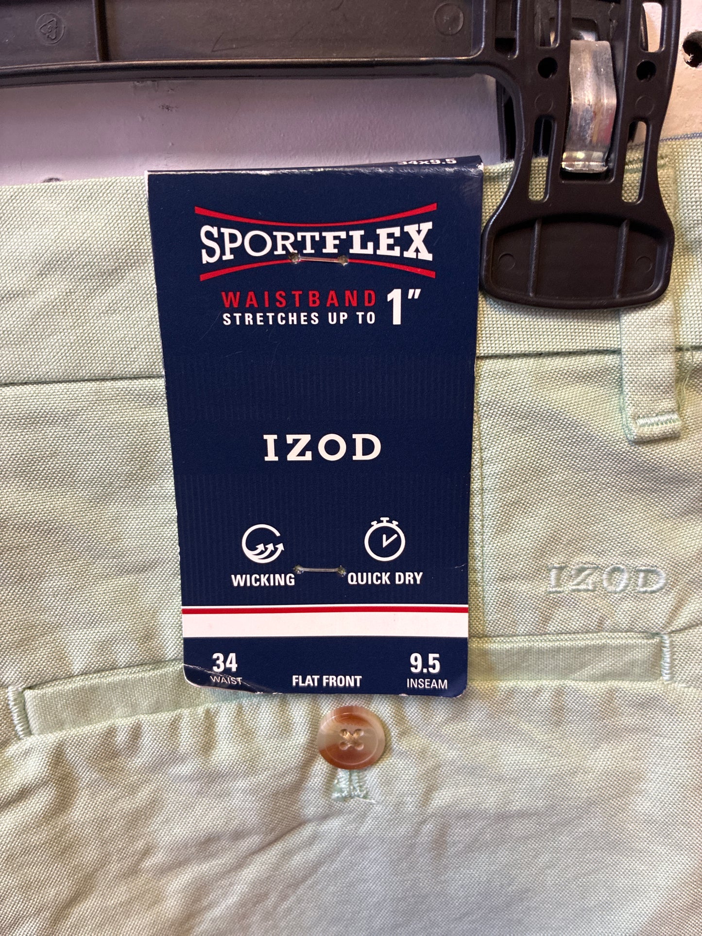 Izod Men's Sz 34 Sports Flex Flat Front Oxford Short Breeze Green New 9.5" New