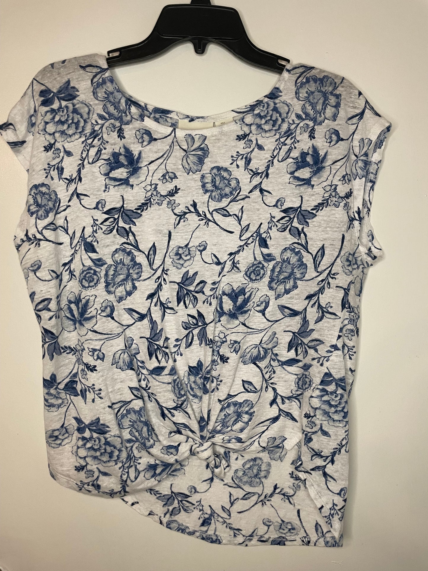 Womens Cynthia Rowley Linen Cap Sleeve Floral Tee Shirt White Blue Size Medium 8/10~Great Condition