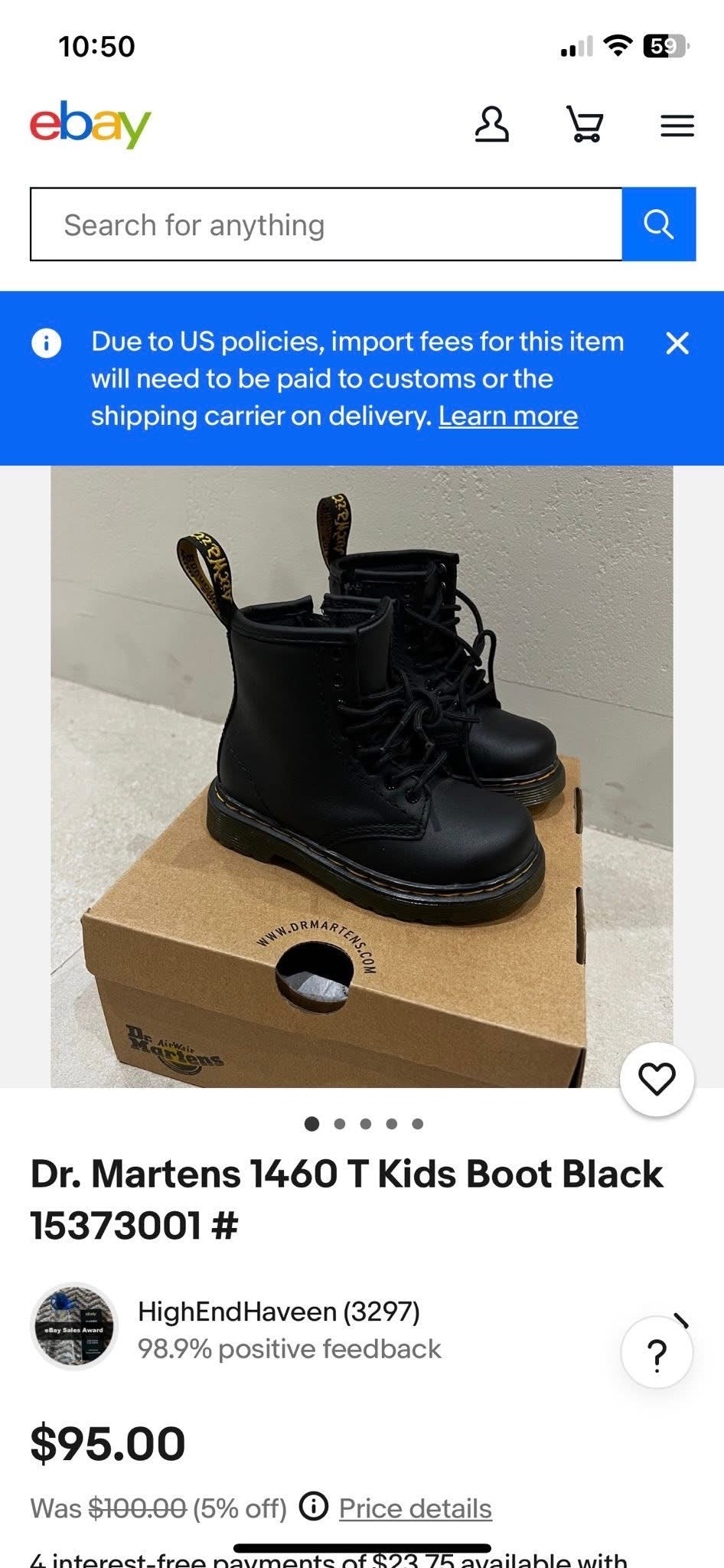 Dr. Martens 1460 T Kids Boot Black -Girl Size 13
