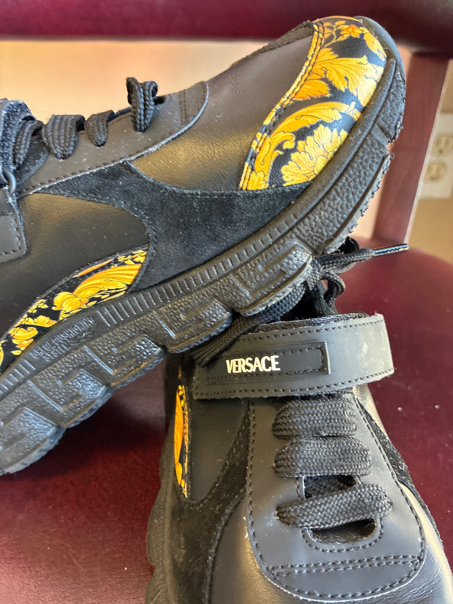 VERSACE-Kids' Trigreca Leather Sneakers In Blackgold Size 1.5 Youth