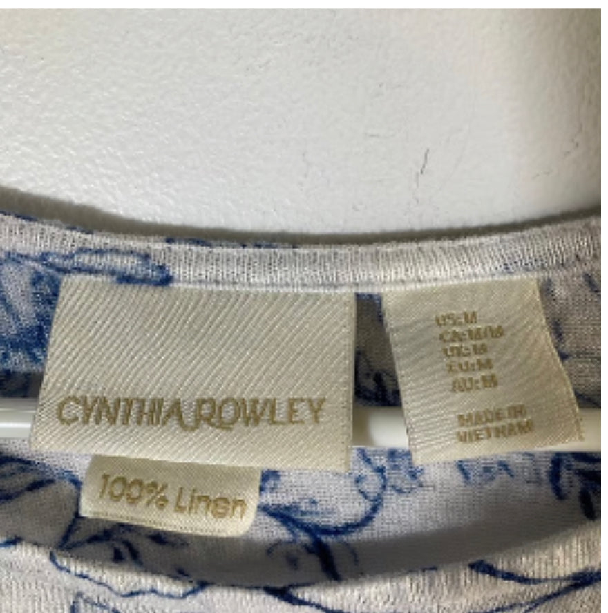 Womens Cynthia Rowley Linen Cap Sleeve Floral Tee Shirt White Blue Size Medium 8/10~Great Condition