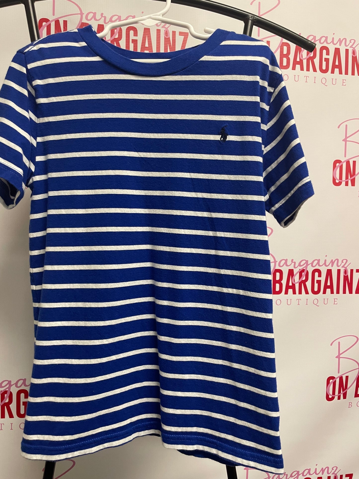 RALPH LAUREN Boys Blue & White Striped Polo T-Shirt, Size 7 – Great Condition