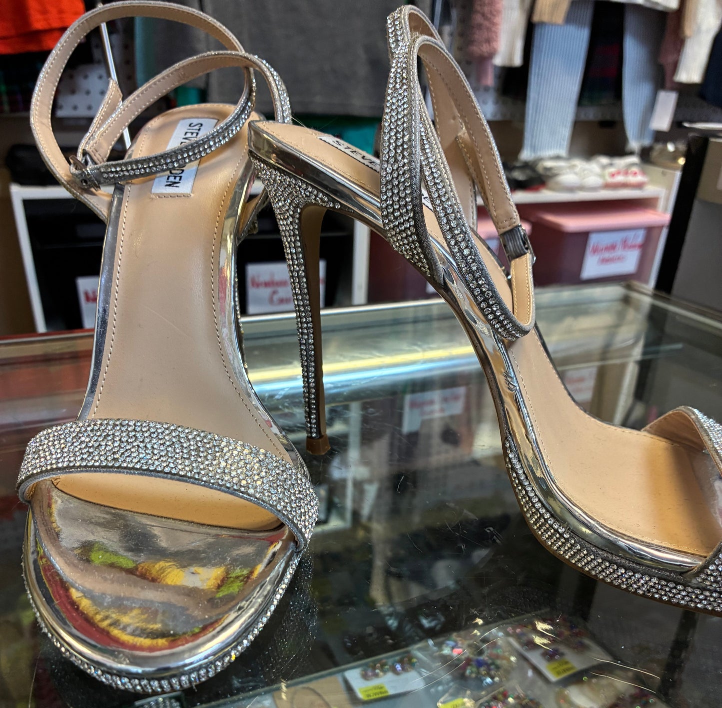 Steve Madden Wafer-R stiletto heeled sandal in a silver multi rhinestone finish Size 12M