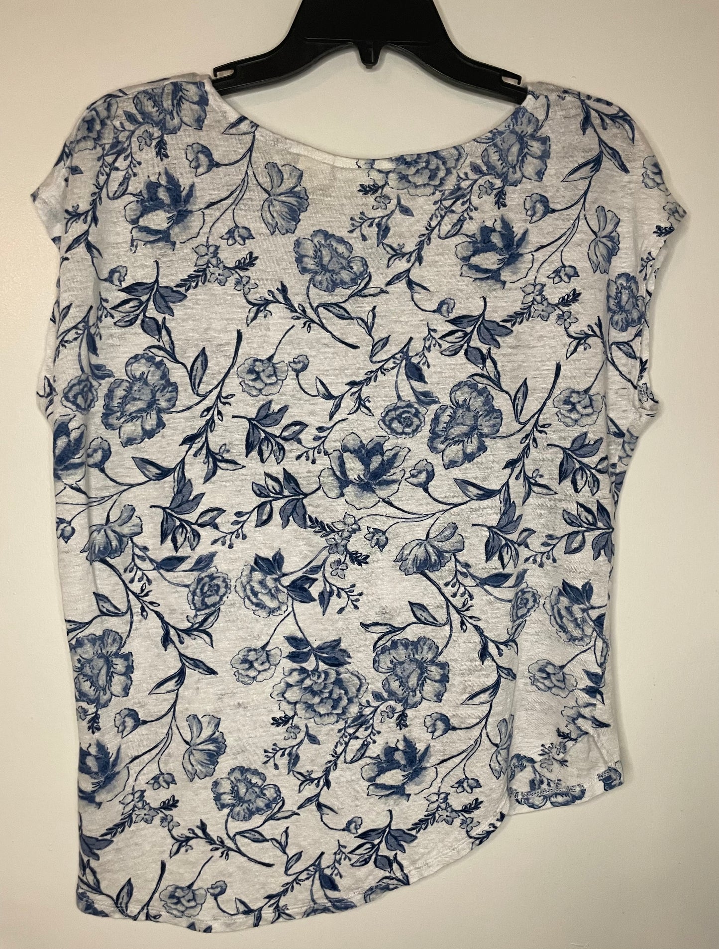 Womens Cynthia Rowley Linen Cap Sleeve Floral Tee Shirt White Blue Size Medium 8/10~Great Condition