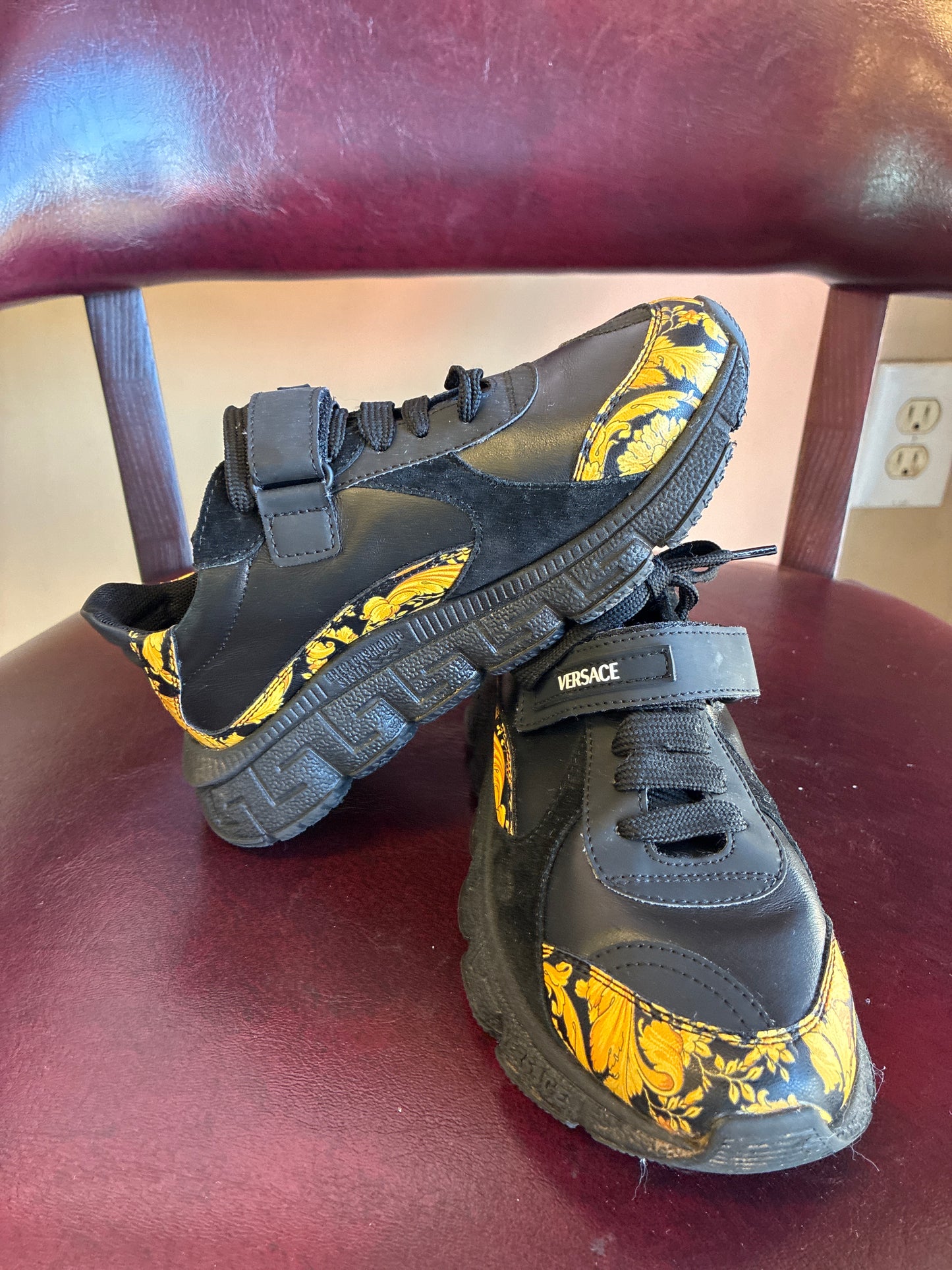 VERSACE-Kids' Trigreca Leather Sneakers In Blackgold Size 1.5 Youth