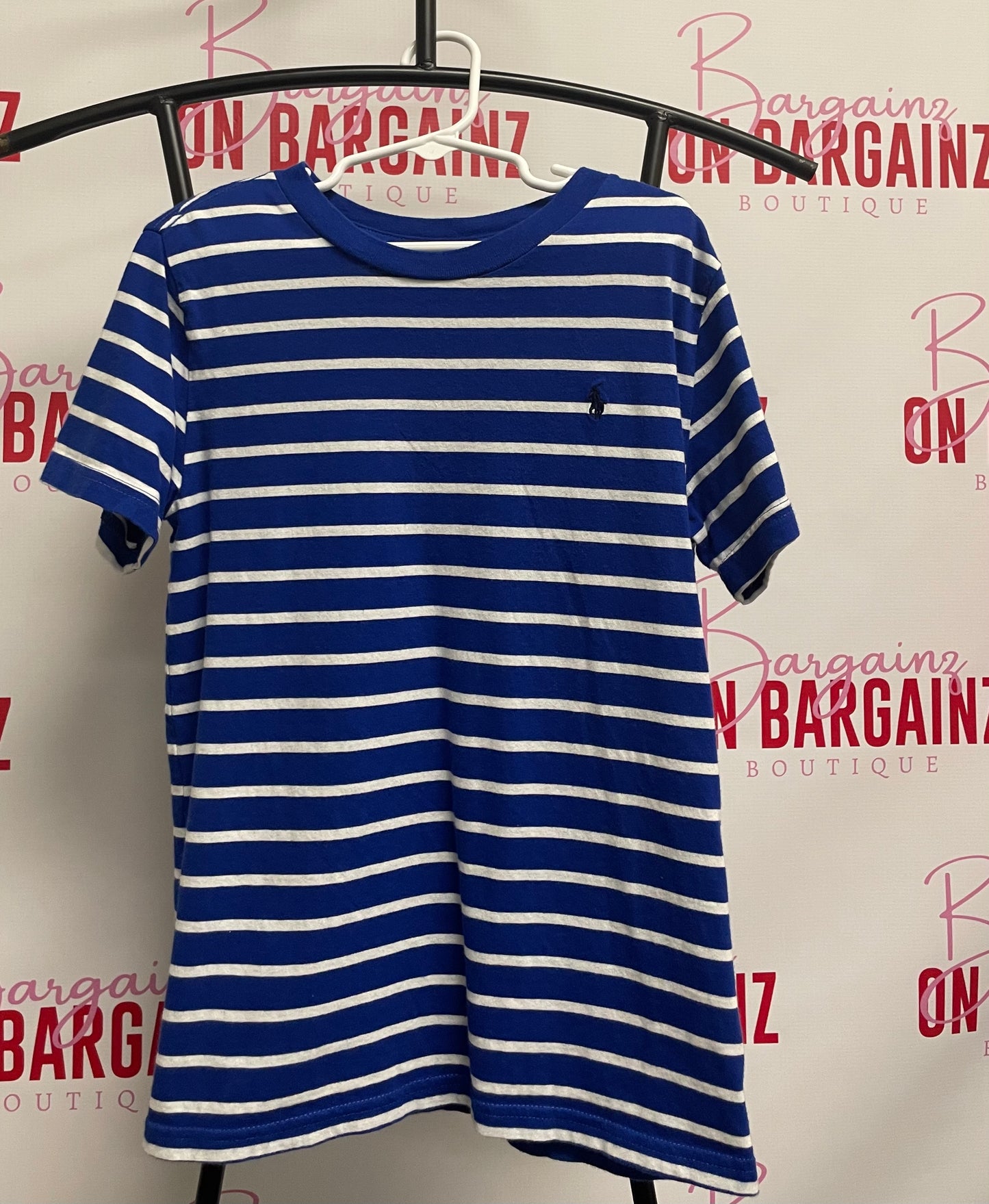 RALPH LAUREN Boys Blue & White Striped Polo T-Shirt, Size 7 – Great Condition