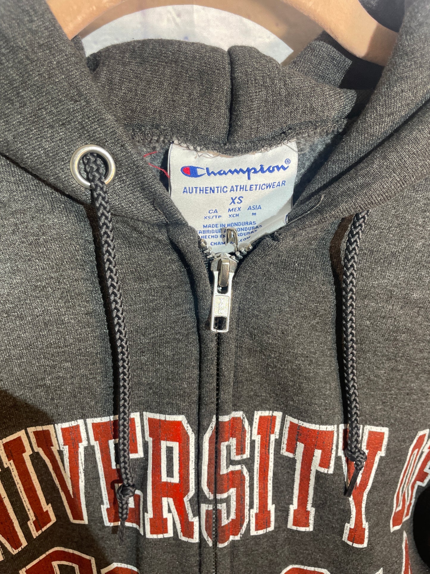 Grey Champion brand full-zip hooded sweatshirt featuring the "UNIVERSITY OF GEORGIA" Size XS