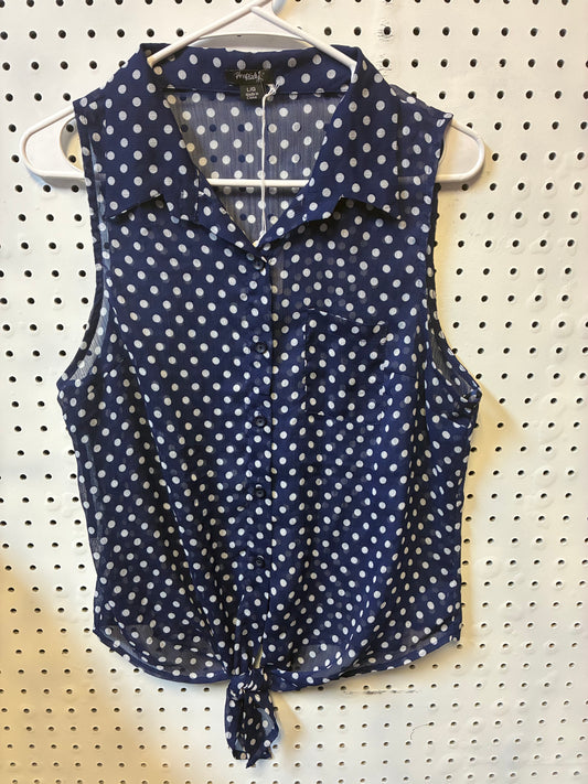 Rhapsody L/G navy blue and white polka dot chiffon button-down blouse
