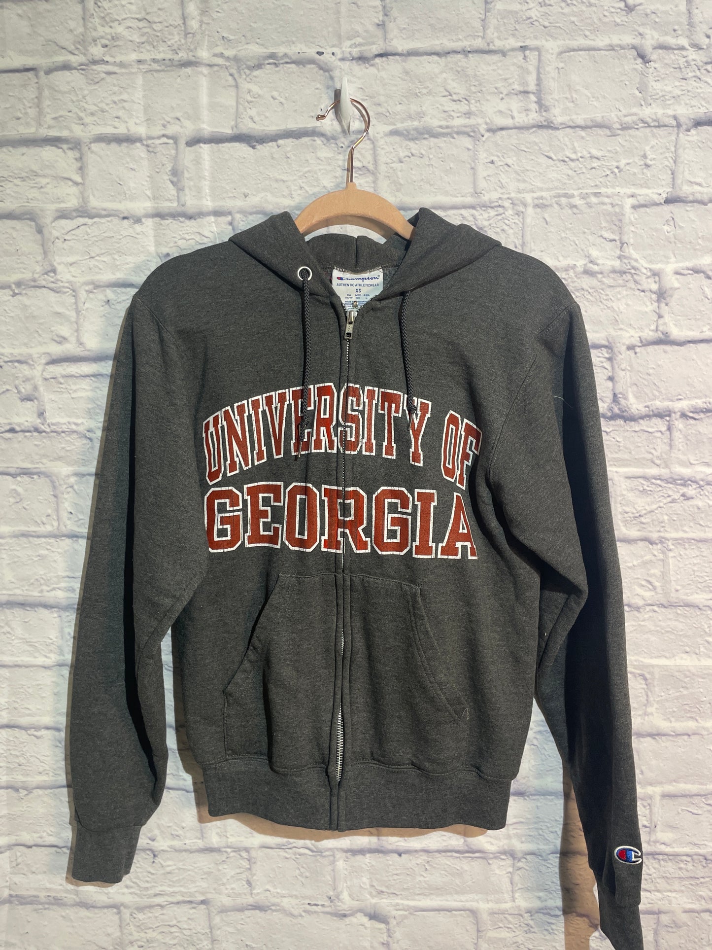 Grey Champion brand full-zip hooded sweatshirt featuring the "UNIVERSITY OF GEORGIA" Size XS