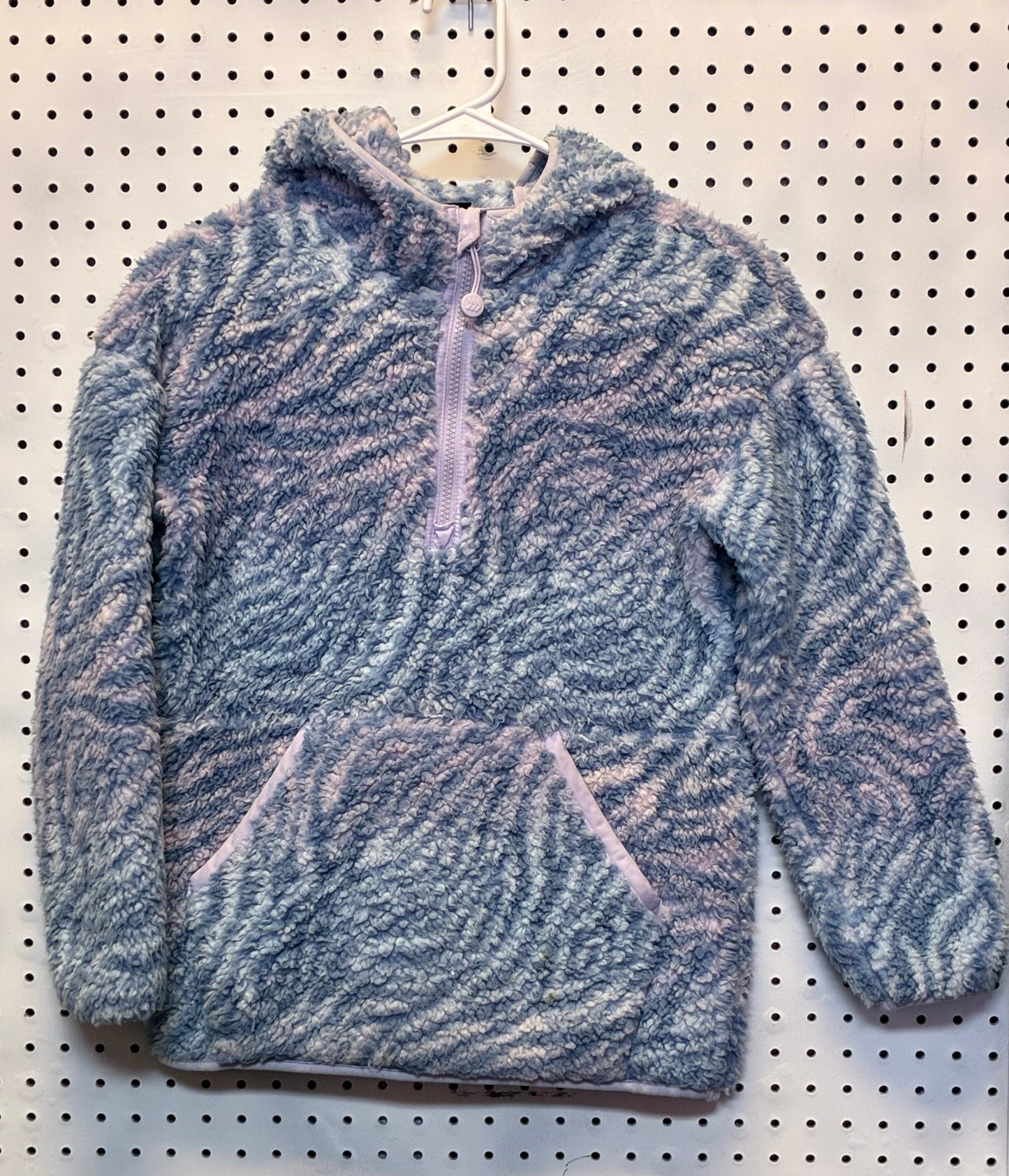 All In Motion Girls' High Pile Sherpa Fleece Pullover Sweatshirt in a blue and pink zebra print designate 10/12