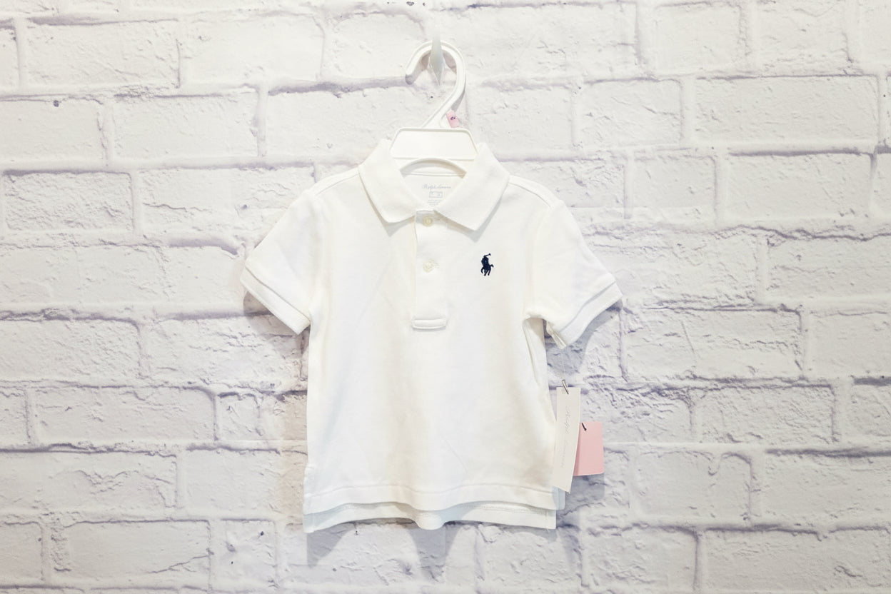 White Baby Polo Navy blue logo- Size 9mons NWT