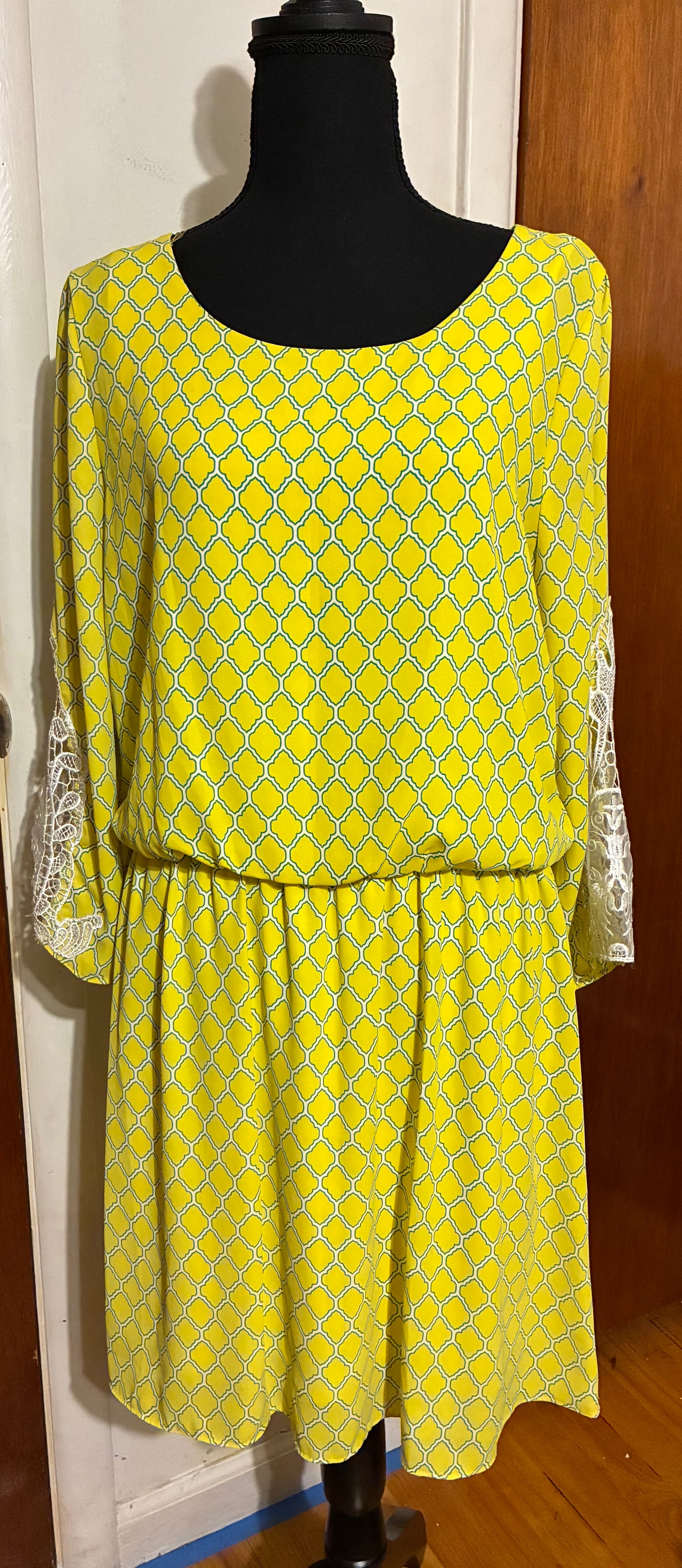 Mmm Mmm yellow and green quatrefoil pattern dress with a white lining Women Size Large 10/12