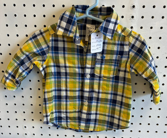 Carter's baby boy's plaid button-front shirt in yellow, blue, and white, size 3 months