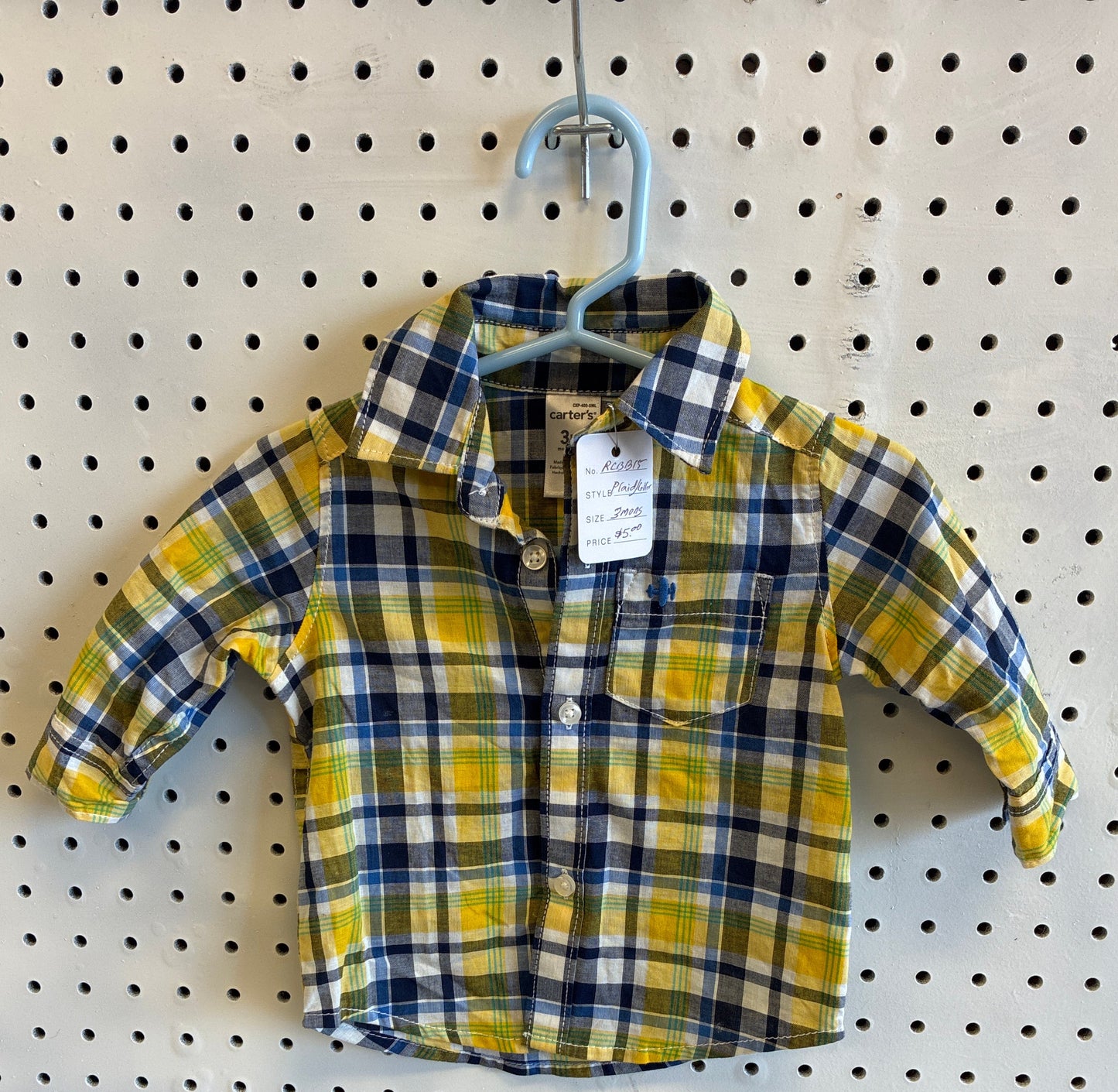 Carter's baby boy's plaid button-front shirt in yellow, blue, and white, size 3 months
