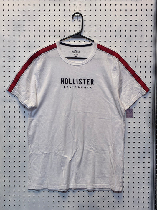 Hollister California men's crew neck t-shirt with red striped shoulders, Size Large