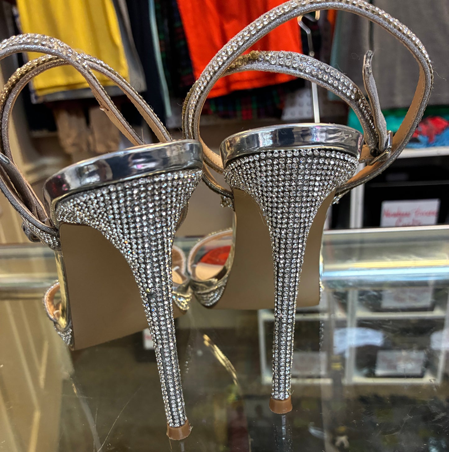 Steve Madden Wafer-R stiletto heeled sandal in a silver multi rhinestone finish Size 12M