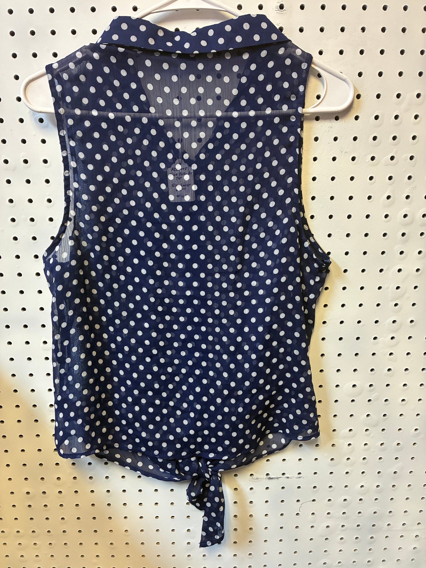 Rhapsody L/G navy blue and white polka dot chiffon button-down blouse