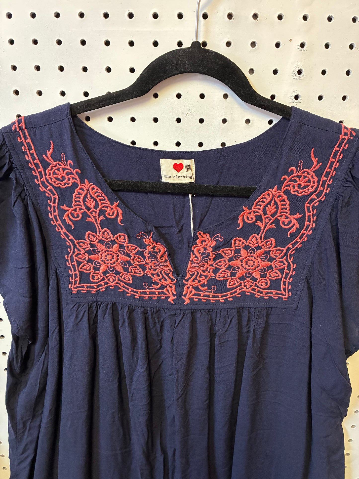 Navy Blue "One Clothing" Brand Boho Dress with Coral Embroidery Women Size 3XL