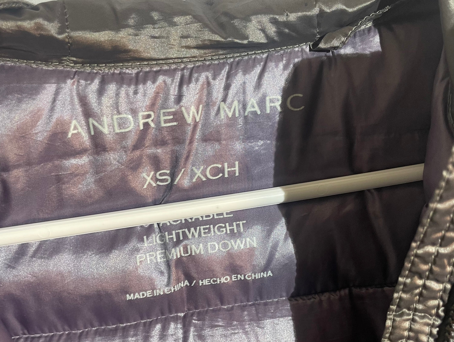 Andrew Marc Packable Lightweight Premium Down Hooded Puffer Jacket in a grey/metallic color~ Size XS