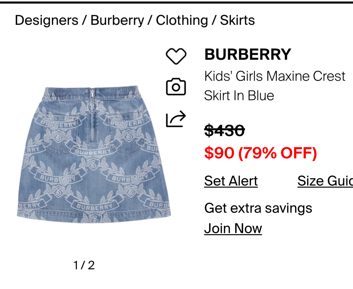 BURBERRY Girls Size 8
Blue Oak Leaf Creek Denim Skirt