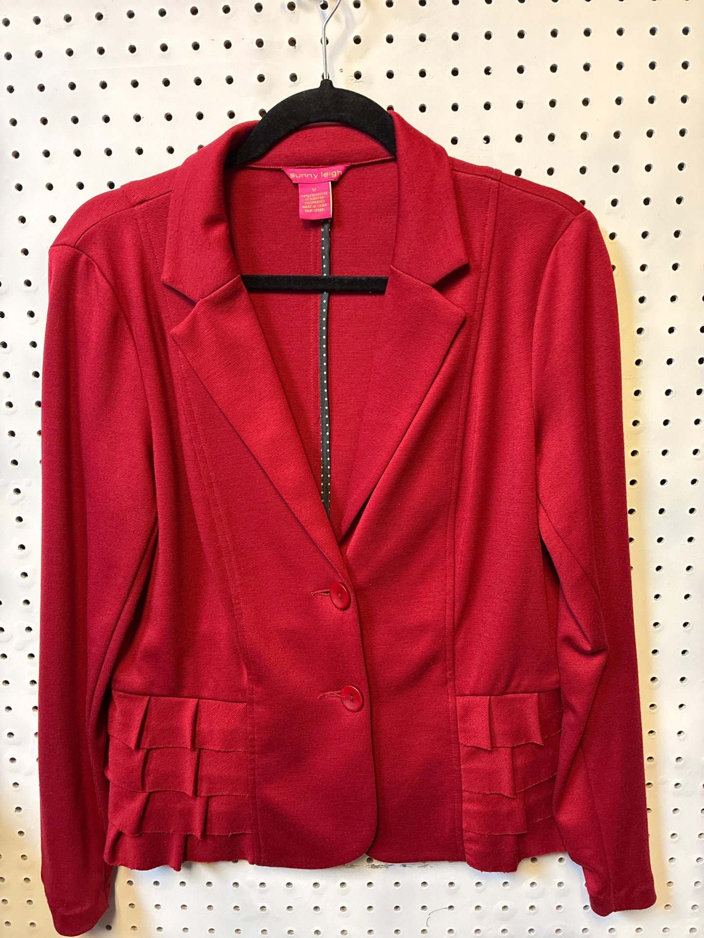 Sunny Leigh red women's blazer with pleated ruffle details on the pockets-Size Medium