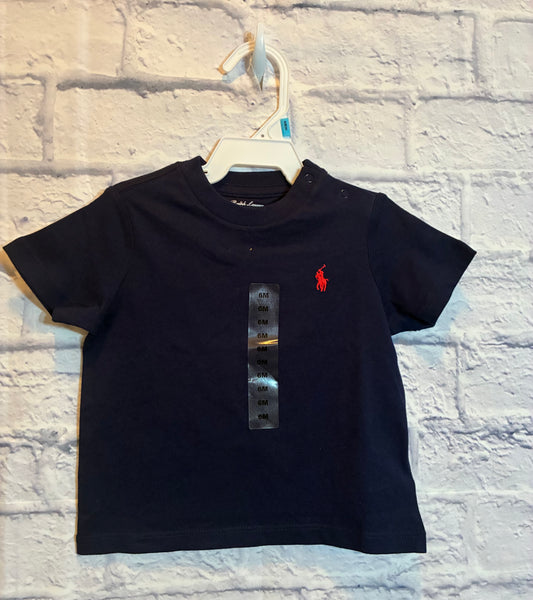 Polo Ralph Lauren baby boys' short-sleeve cotton jersey t-shirt in navy blue with a red embroidered pony, size 6 months- New With Tag