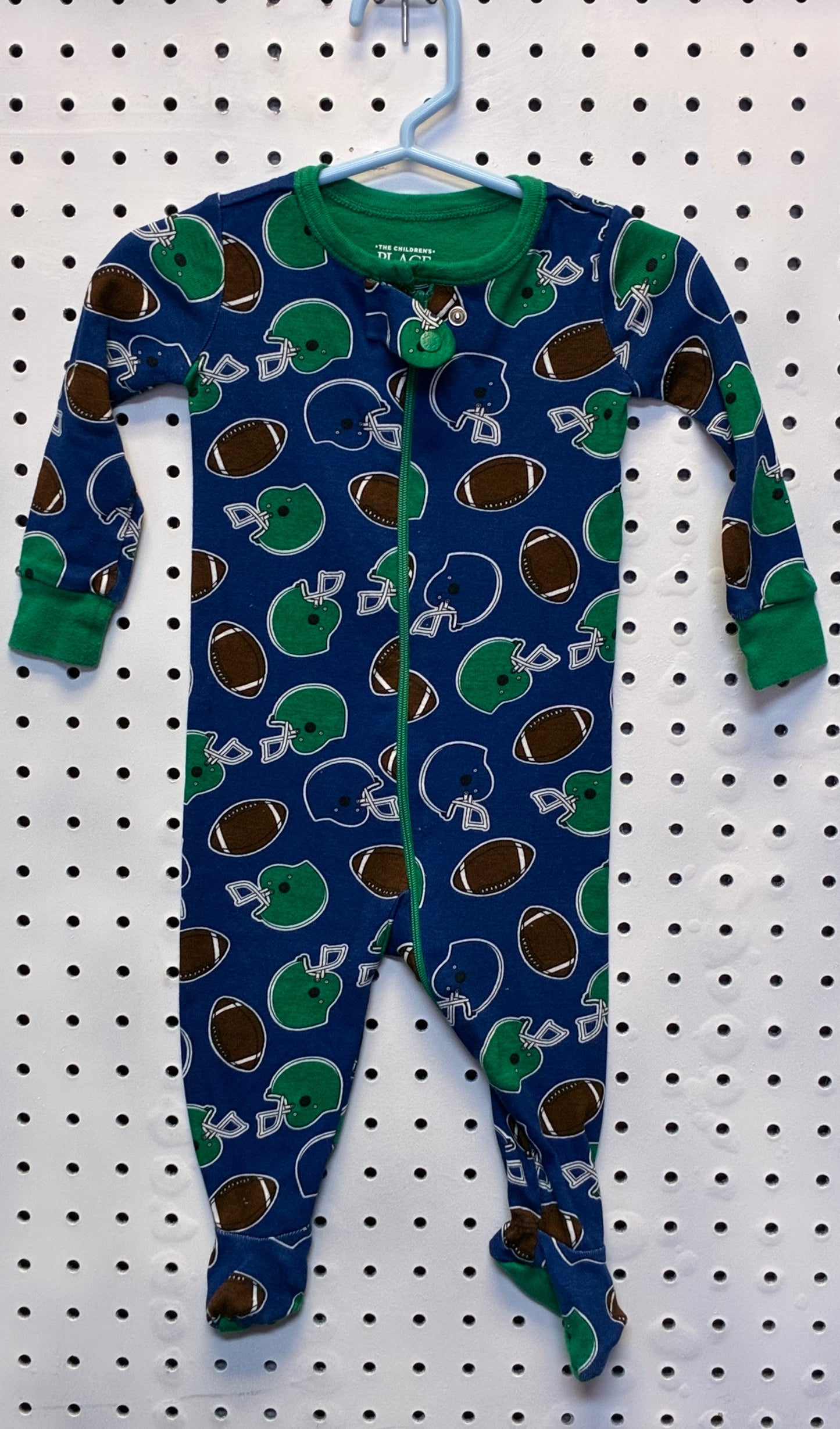 Carter's or The Children's Place boys' blue and green football-themed fleece footed pajama sleeper Size 3-6M