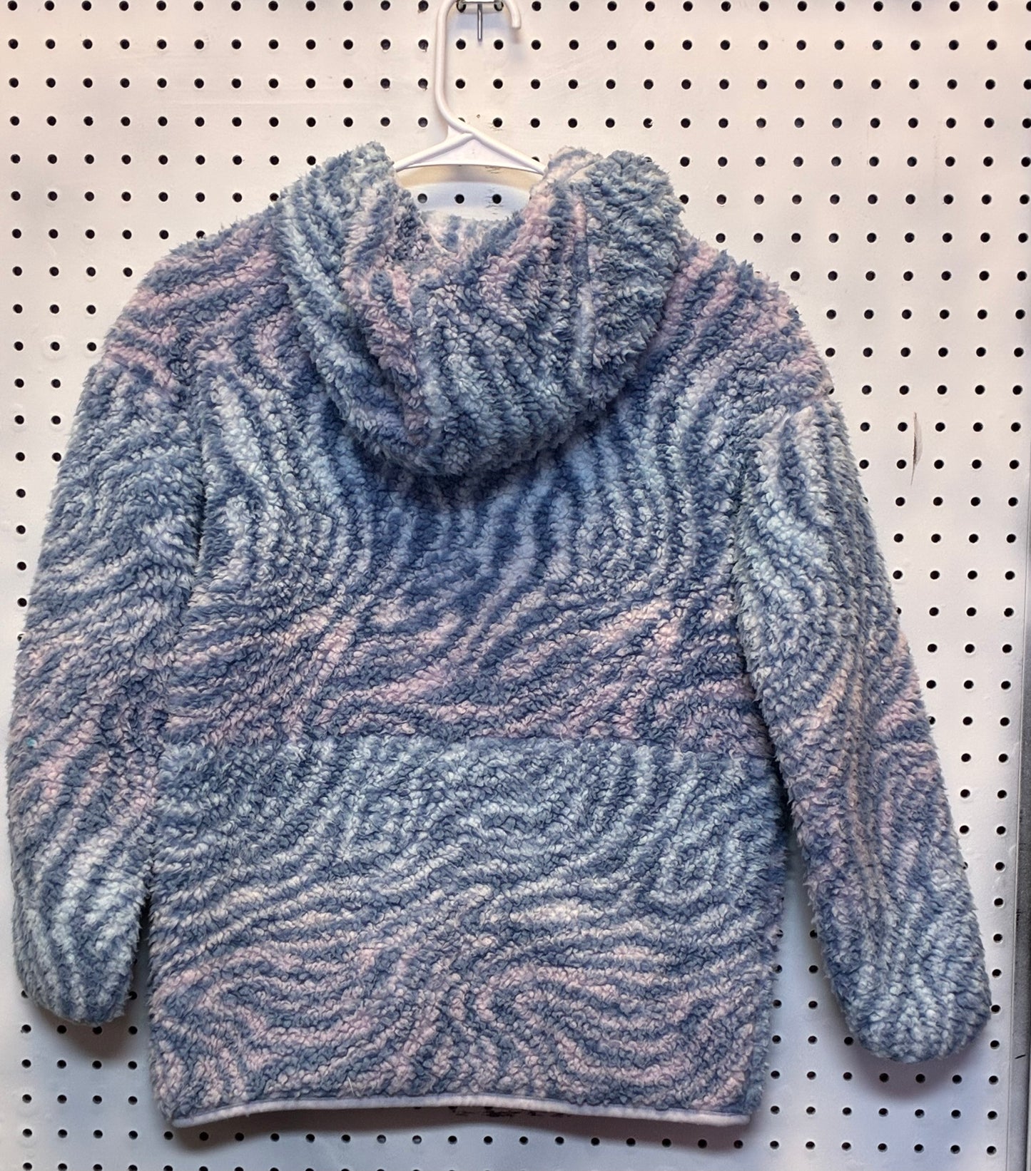 All In Motion Girls' High Pile Sherpa Fleece Pullover Sweatshirt in a blue and pink zebra print designate 10/12