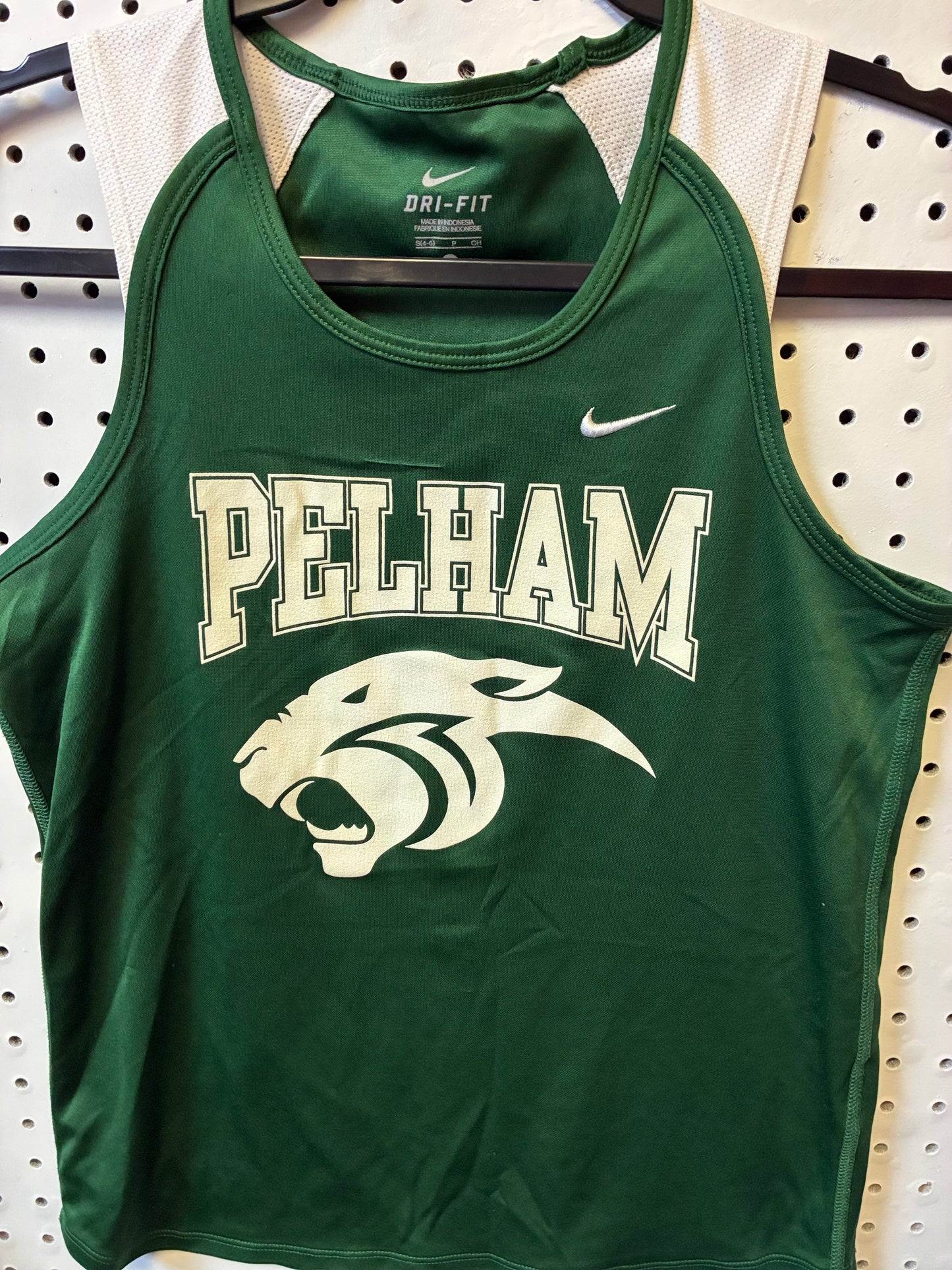Green and White Nike Dri-FIT athletic tank top featuring a "PELHAM" graphic and a cougar mascot logo Size Small