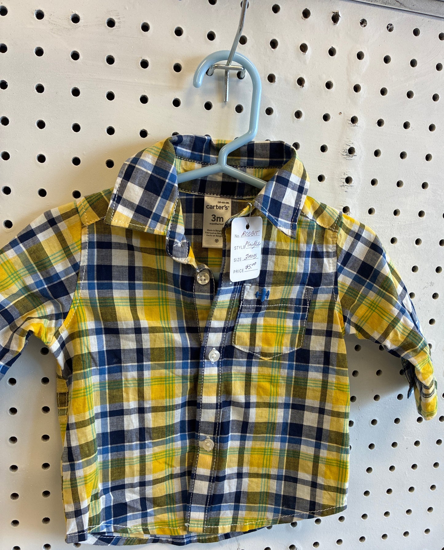 Carter's baby boy's plaid button-front shirt in yellow, blue, and white, size 3 months