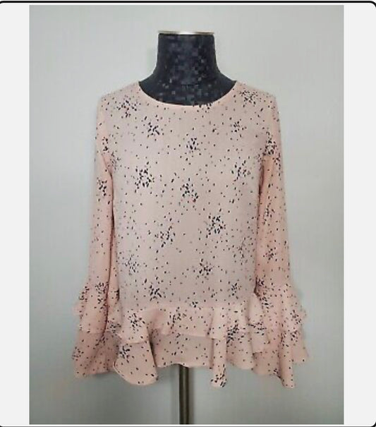 a.n.a Size Small Pale Pink Abstract Print Long Bell Sleeve Top with Ruffles~Women’s Size Large 12/14~ Great Condition