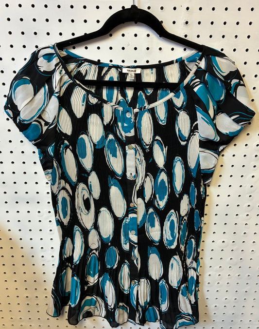 NICOLA Crinkle Button-up Top in Black, White, and Aqua with a Retro Circle Print- Size XL