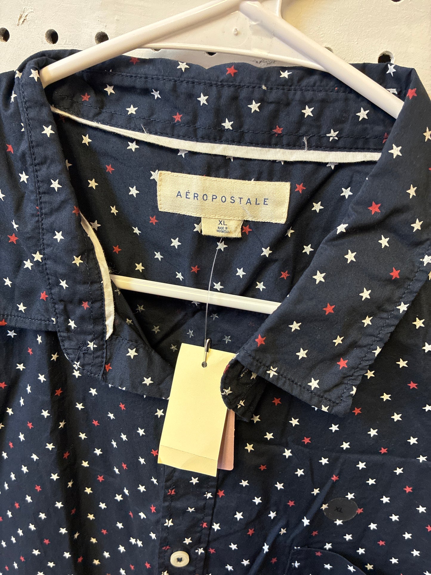 NWT Men's Aeropostle Size XL-Blue w/ Stars Short Sleeve Button Up Dress Shirt- New With Tag