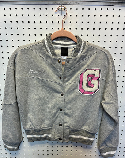 Givenchy Kids logo-patch bomber jacket in a light grey cotton blend with a pink 'G' patch Size 8/10