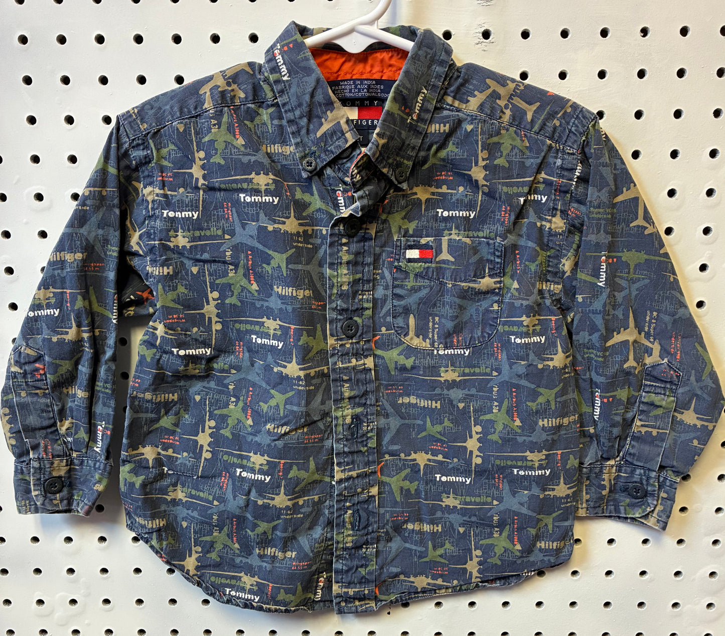 Tommy Hilfiger toddler boy's button-down shirt with an airplane pattern, size 2T