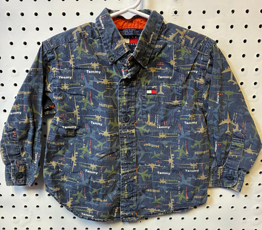 Tommy Hilfiger toddler boy's button-down shirt with an airplane pattern, size 2T