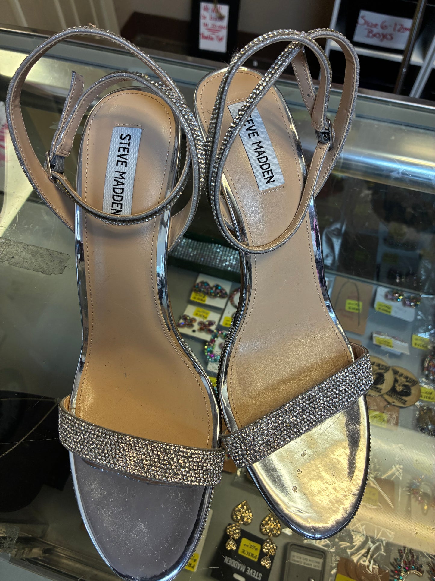 Steve Madden Wafer-R stiletto heeled sandal in a silver multi rhinestone finish Size 12M