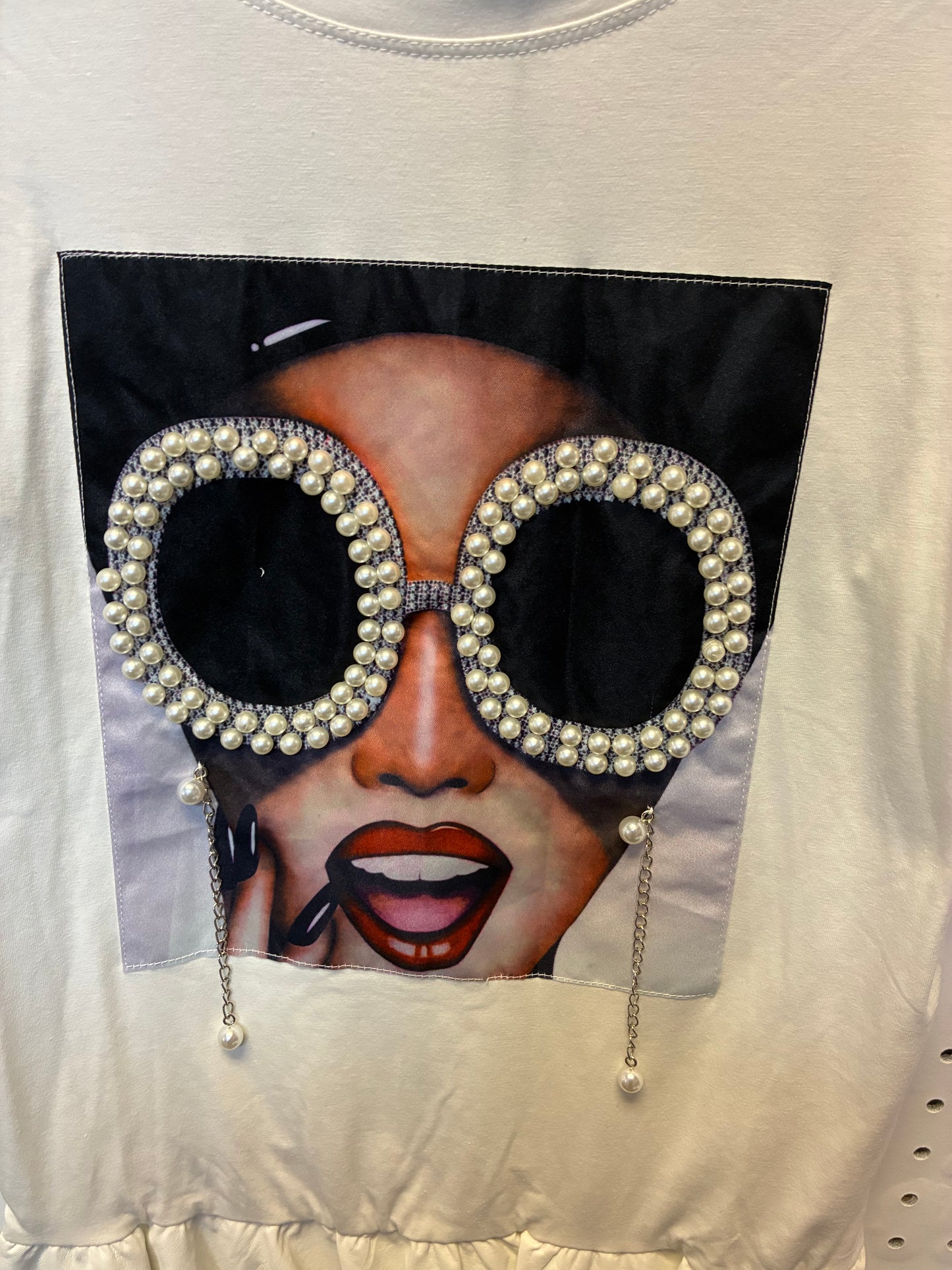 WHY-white t-shirt with a graphic print and pearl embellishments- Women Size Large