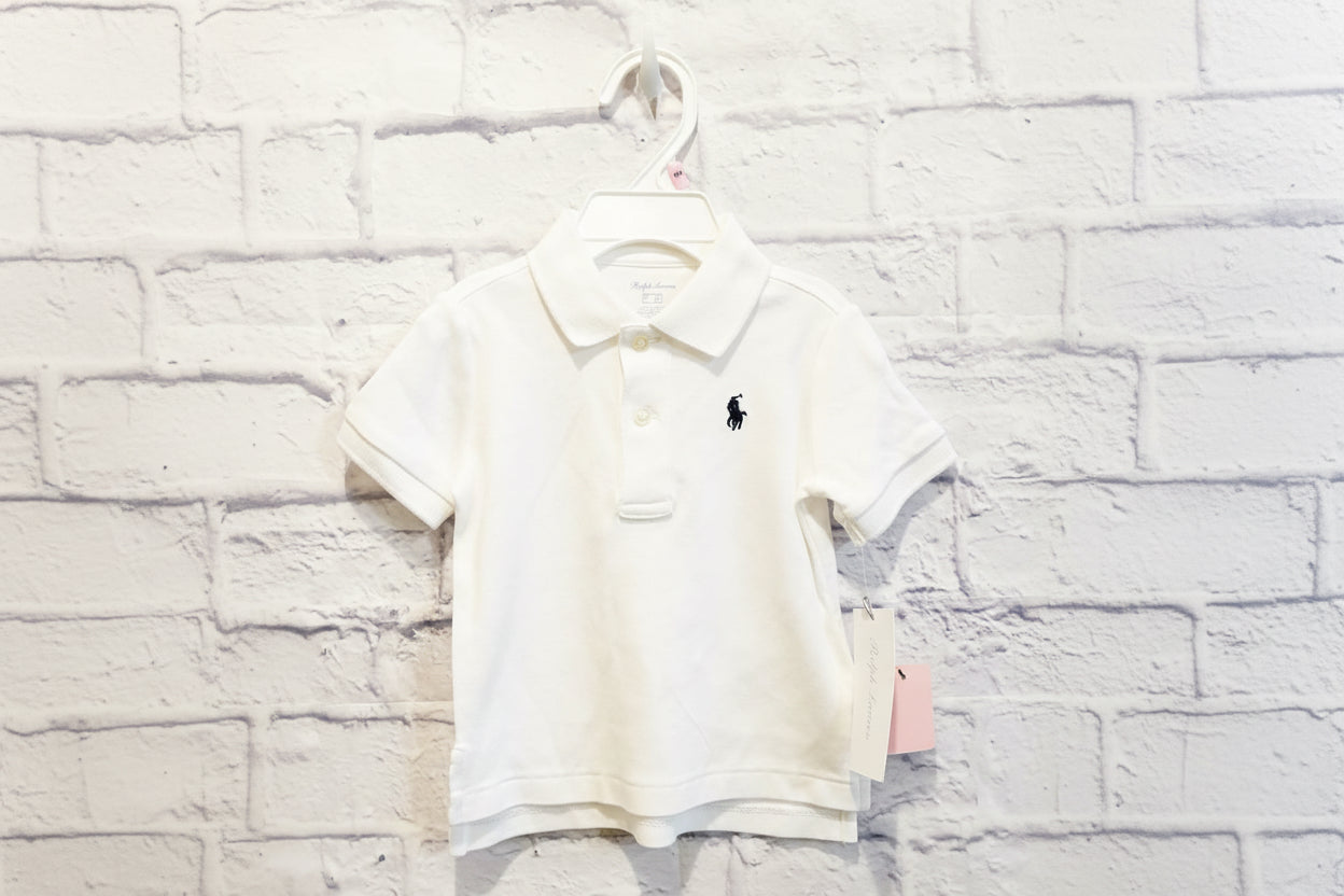 White Baby Polo Navy blue logo- Size 9mons NWT