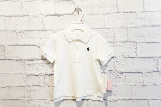White Baby Polo Navy blue logo- Size 9mons NWT